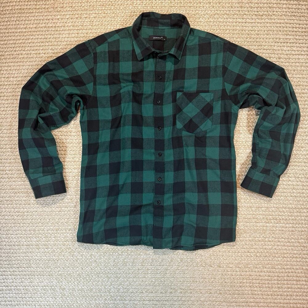 Dokkia Green and Black Buffalo Print Men’s Flannel Long Sleeve Shirt Size M